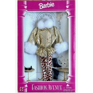 Vintage NIP 1995 Barbie Fashion Avenue Gold Parka Leopard Pants Boots Shades